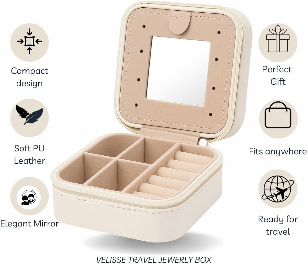 VELISSE Travel Jewelry Case - Small PU Leather Jewelry Organizer Box for Rings, Earrings, Necklaces - Compact Travel Jewelry Organizer for Women, Portable Jewelry Box Gift for Her