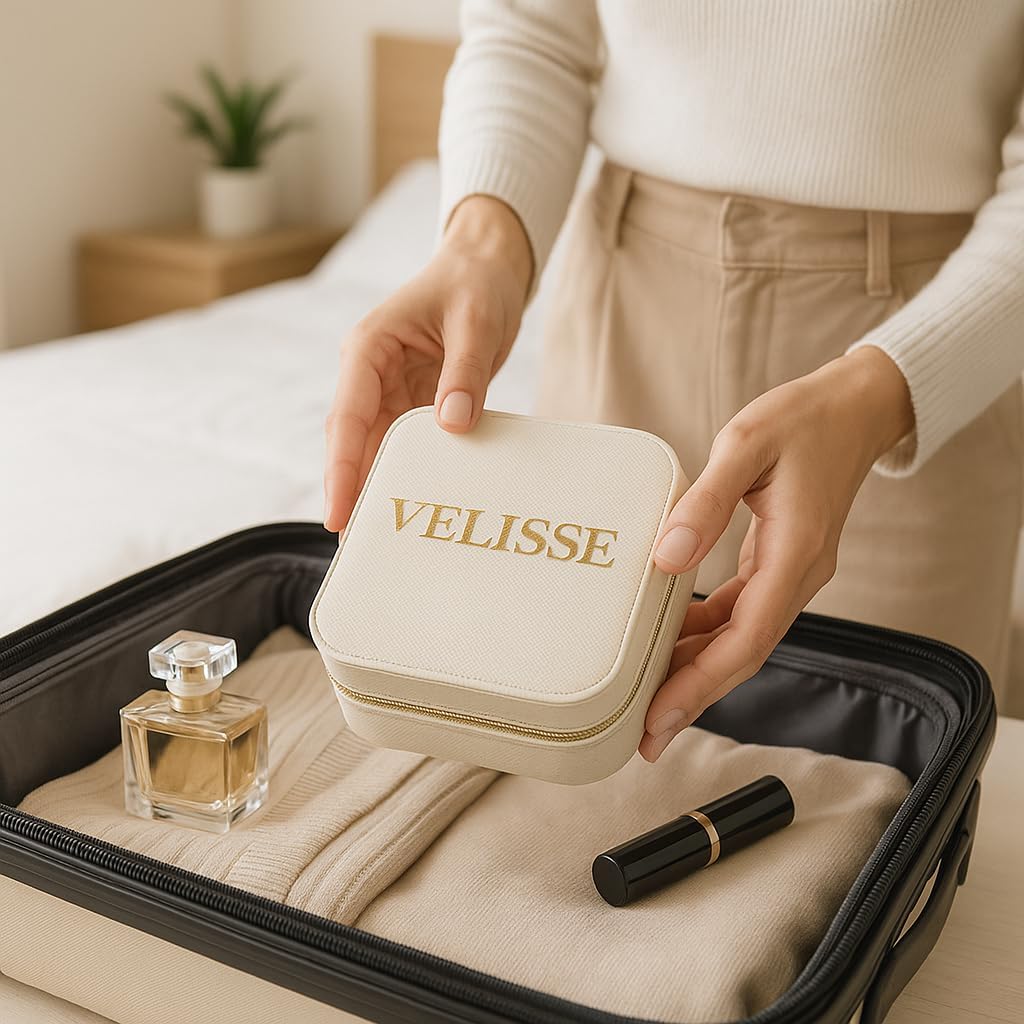 VELISSE Travel Jewelry Case - Small PU Leather Jewelry Organizer Box for Rings, Earrings, Necklaces - Compact Travel Jewelry Organizer for Women, Portable Jewelry Box Gift for Her