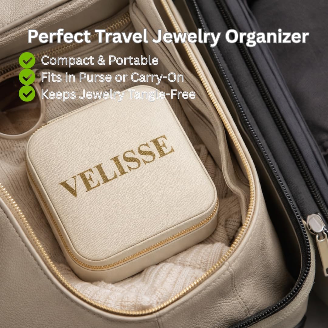VELISSE Travel Jewelry Case - Small PU Leather Jewelry Organizer Box for Rings, Earrings, Necklaces - Compact Travel Jewelry Organizer for Women, Portable Jewelry Box Gift for Her