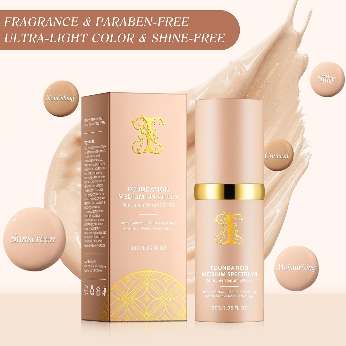 Foundation 4 in 1 - Medium Spectrum with SPF 50+, Anti-Aging, Concealer, Sun Protection, Hydrating Color Changing Foundation Makeup Liquid - Longwearing & Waterproof for Sport, Dancing (Gym, 30ml)