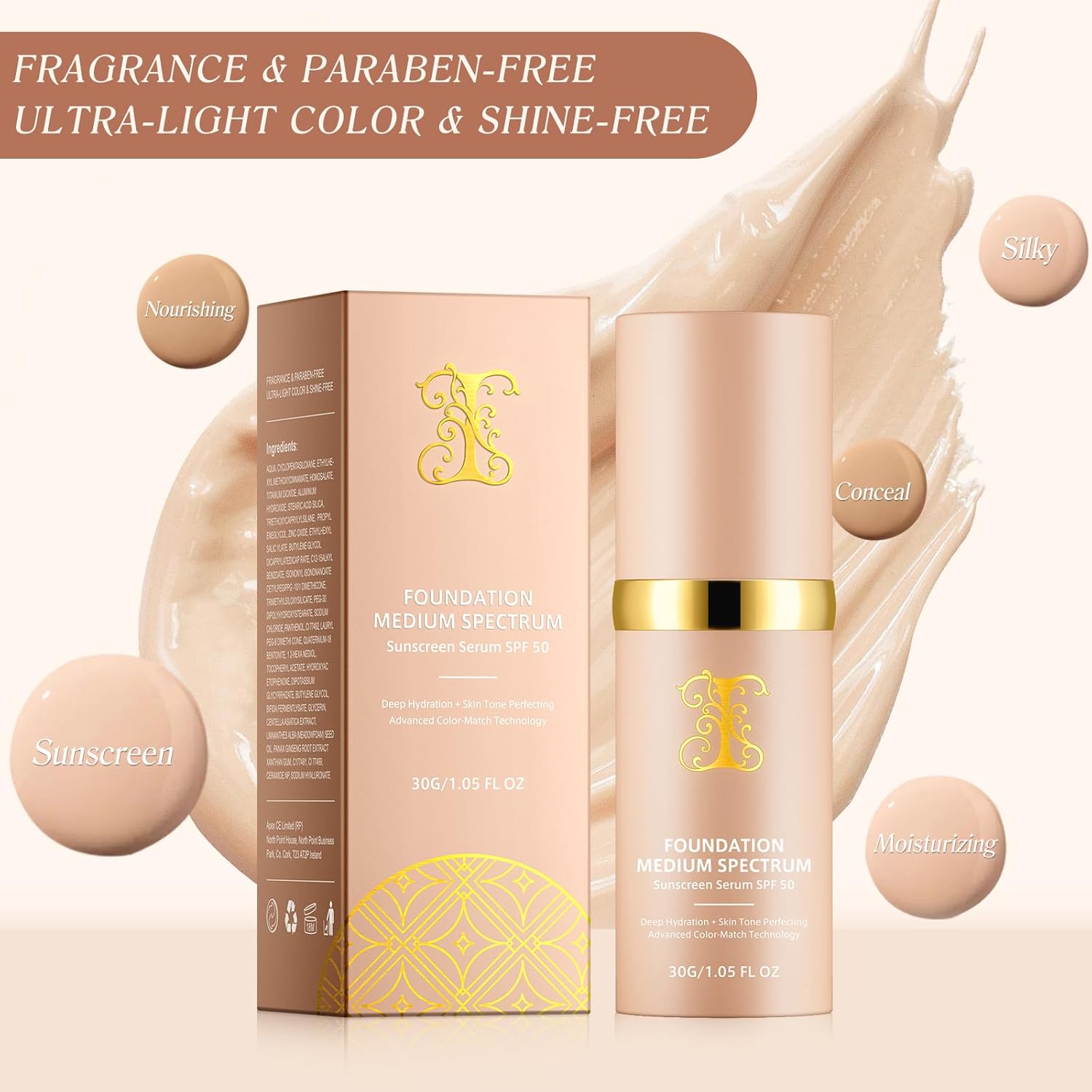 Foundation 4 in 1 - Medium Spectrum with SPF 50+, Anti-Aging, Concealer, Sun Protection, Hydrating Color Changing Foundation Makeup Liquid - Longwearing & Waterproof for Sport, Dancing (Gym, 30ml)