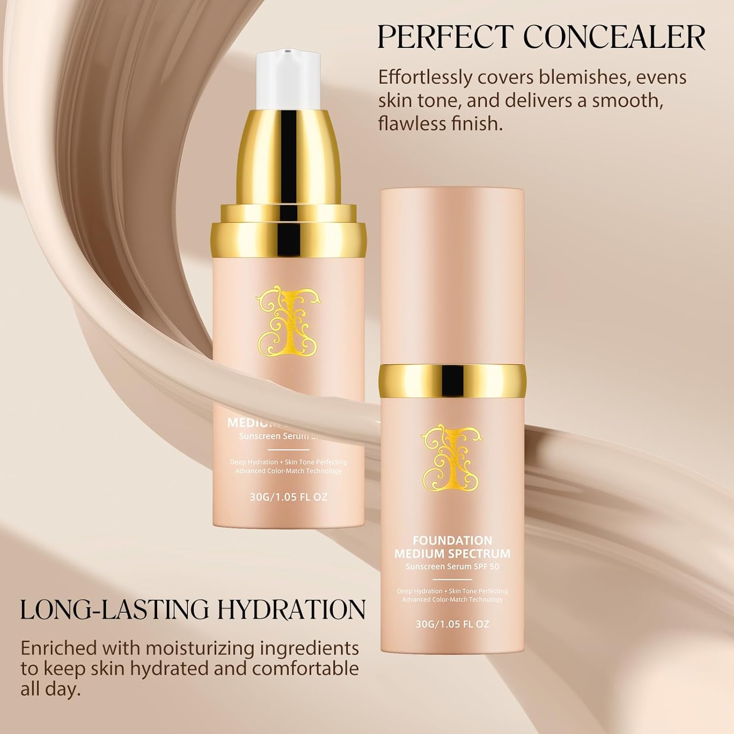 Foundation 4 in 1 - Medium Spectrum with SPF 50+, Anti-Aging, Concealer, Sun Protection, Hydrating Color Changing Foundation Makeup Liquid - Longwearing & Waterproof for Sport, Dancing (Gym, 30ml)