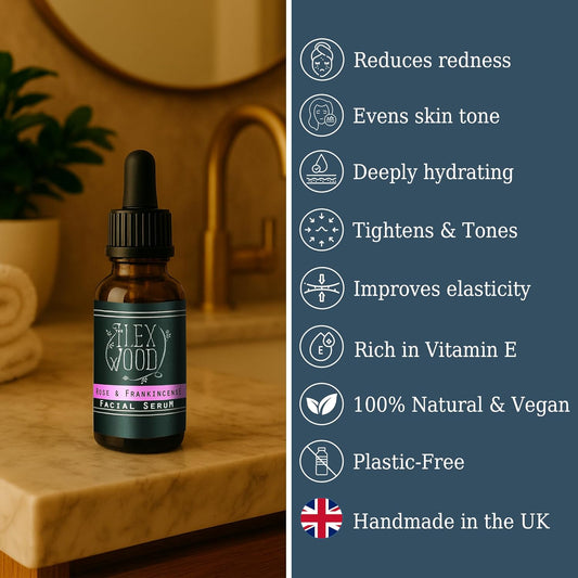 The Ilex Wood - Rose and Frankincense Face Serum - 100% Natural, Vegan, Moisturising, Anti Ageing, Wrinkle & Line Reducing, Cruelty Free, Plastic Free, Handcrafted - 20ml (0.68 fl oz)