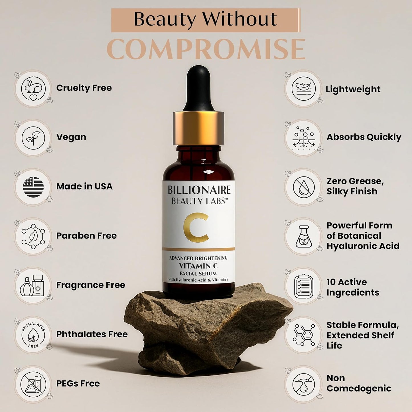 Billionaire Beauty Labs Vitamin C Serum for Face - Anti Aging Brightening Serum with Hyaluronic Acid & Vitamin E - Hydrating Facial Serum for Radiance, Fine Lines & Wrinkles - Made in USA 2 fl oz