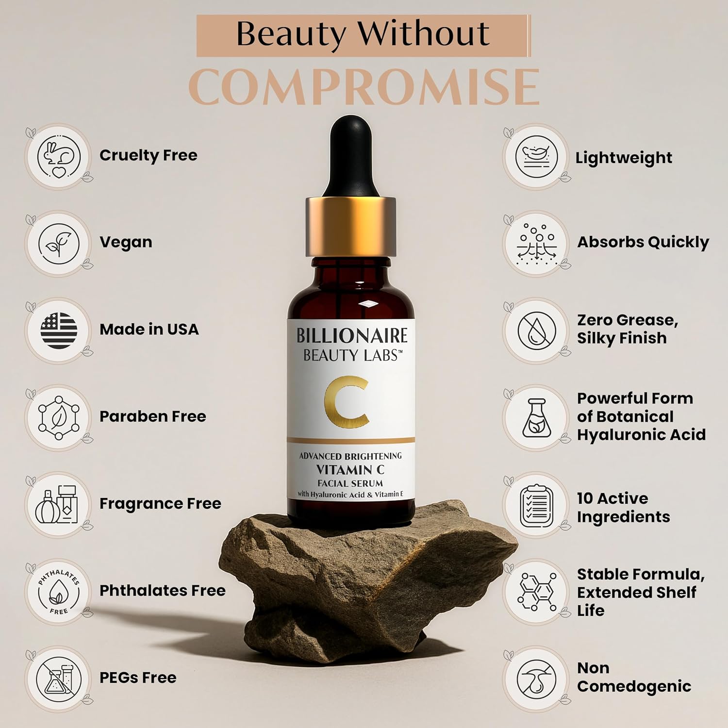 Billionaire Beauty Labs Vitamin C Serum for Face - Anti Aging Brightening Serum with Hyaluronic Acid & Vitamin E - Hydrating Facial Serum for Radiance, Fine Lines & Wrinkles - Made in USA 2 fl oz