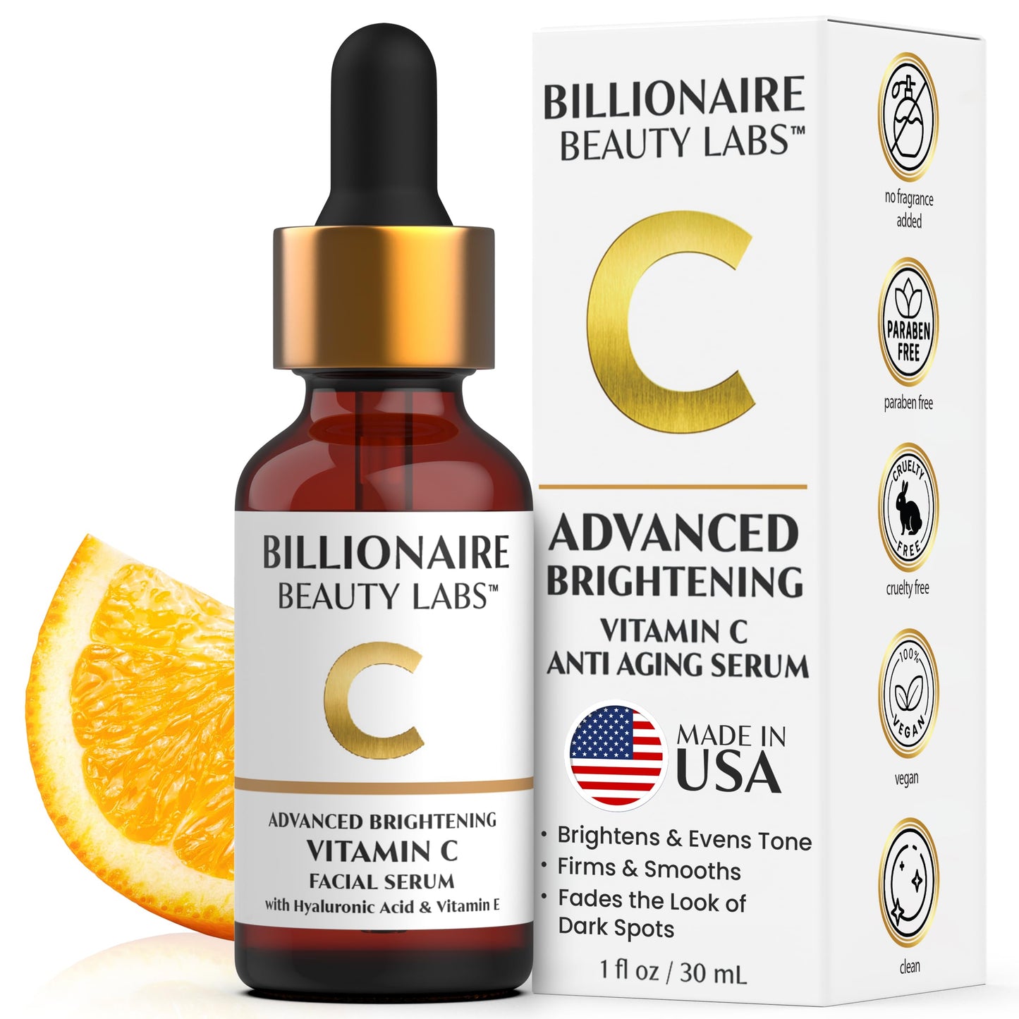 Billionaire Beauty Labs Vitamin C Serum for Face - Anti Aging Brightening Serum with Hyaluronic Acid & Vitamin E - Hydrating Facial Serum for Radiance, Fine Lines & Wrinkles - Made in USA 2 fl oz