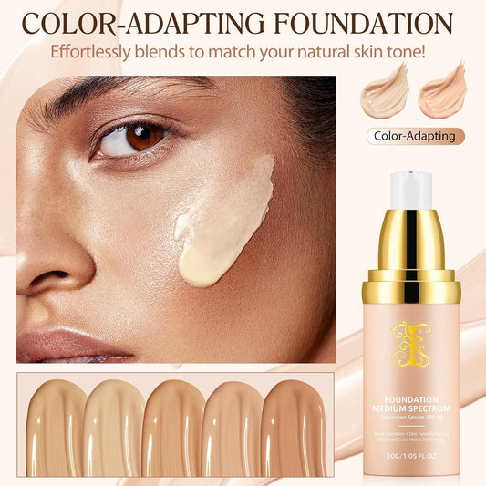 Foundation 4 in 1 - Medium Spectrum with SPF 50+, Anti-Aging, Concealer, Sun Protection, Hydrating Color Changing Foundation Makeup Liquid - Longwearing & Waterproof for Sport, Dancing (Gym, 30ml)